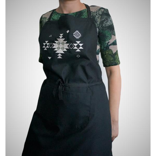 Apron with ethnic embroidery, Unisex, Unisize, Two front pockets, Extra-long waist-ties, Adjustable strap - BLACK WITH CREAM EMBROIDERY