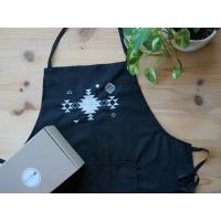 Apron with ethnic embroidery, Unisex, Unisize, Two front pockets, Extra-long waist-ties, Adjustable strap - BLACK WITH CREAM EMBROIDERY