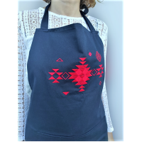 Apron with ethnic embroidery, Unisex, Unisize, Two front pockets, Extra-long waist-ties, Adjustable strap - BLACK WITH RED EMBROIDERY