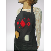 Apron with ethnic embroidery, Unisex, Unisize, Two front pockets, Extra-long waist-ties, Adjustable strap - BLACK WITH RED EMBROIDERY