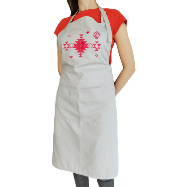 Apron with ethnic embroidery, Unisex, Unisize, Two front pockets, Extra-long waist-ties, Adjustable strap - GREY WITH MAGENTA EMBROIDERY