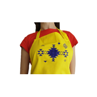 Apron with ethnic embroidery, Unisex, Unisize, Two front pockets, Extra-long waist-ties, Adjustable strap - YELLOW WITH PURPLE EMBROIDERY