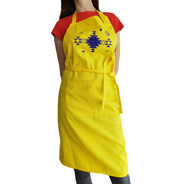 Apron with ethnic embroidery, Unisex, Unisize, Two front pockets, Extra-long waist-ties, Adjustable strap - YELLOW WITH PURPLE EMBROIDERY
